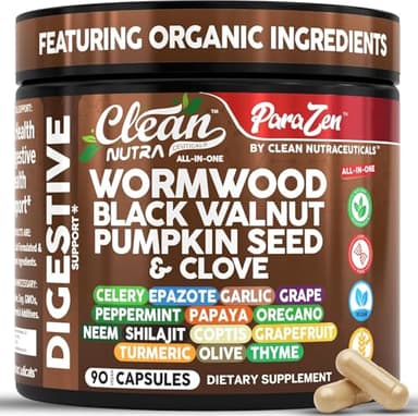 Clean Nutra Wormwood Black Walnut Pumpkin Seed Clove Oil Celery Garlic Grape Papaya Neem Diatomaceous Earth Womens Probiotic Gut Health Cleanse Detox Oregano Olive Turmeric Supplement Vegan Capsules