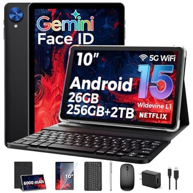 Tablet with Keyboard, 2026 Android 15 tablet with 26GB+256GB+2TB Expand, 10 Inch Tablet PC with 8-Core, Gemini AI, 5G WiFi, 8000mAh, BT5.0, GPS, Electronics Tablets with Case/Mouse/Stylus(Black Case)