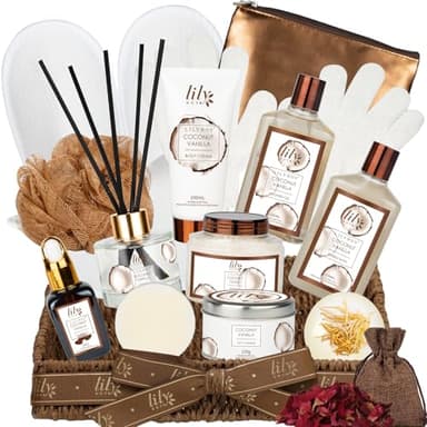 Mother's Day Gift Basket for Mom, Spa Gift Basket for Women, Gifts for Women, Coconut Vanilla Bath and Body Spa Gifts for Women & Men, Spa Gift Set Designed for Fathers Day, Birthday, Christmas Gifts