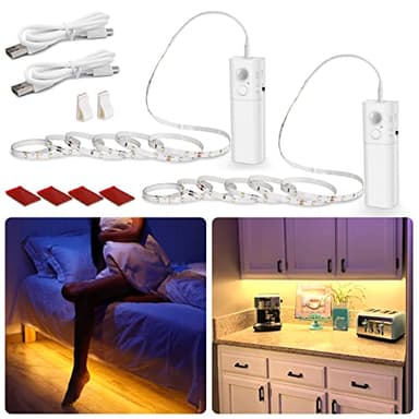 WOBANE Rechargeable Motion Sensor Strip Light, LED Closet Lights,Upgraded Battery Operated LED Strip Light for Wardrobe,Stair,Pantry,Cupboard,Bed,Locker,2700K Warmwhite,6.56ft,2 Pack