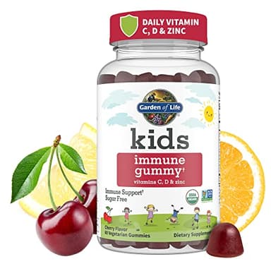 Garden of Life Kids Immune Support Gummies with Vitamin C, D as D3 & Zinc for 3-in-1 Daily Children’s Immunity – Organic, Non-GMO, Gluten-Free, Vegetarian, Sugar Free, Cherry Flavor, 30 Day Supply