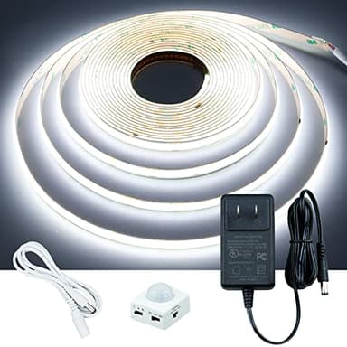 GOMING Motion Sensor COB LED Light Strip 16.4ft(5M) Cool White 6000K 3 Lighting Modes 3 Timing Off Modes 3 Brightness Modes with Power Adapter for Kitchen Cabinets Stair Showcase Bedroom Bed