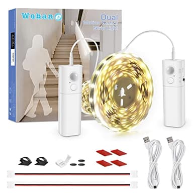 WOBANE Dual Motion Sensor Stair Lights Strip, Rechargeable 16.4ft LED Strip Lighting,150 LEDs Cuttable Tape Light for Hallway,Under Cabinet,Cupboard,Shelves,Gun Safe,Flexible,6000K White