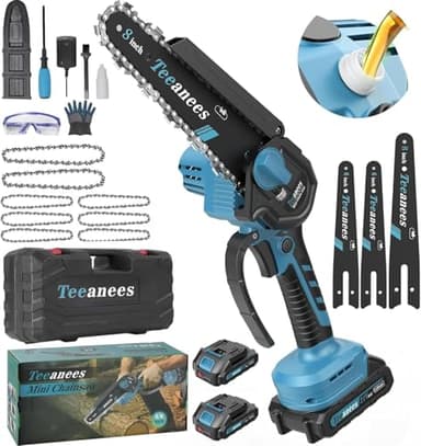 Mini Chainsaw Cordless 8 Inch, Portable Electric Chain Saw with 2 Battery 8 Chains, Auto Oiler, Battery Powered Small Handheld Saw for Wood Cutting, Tree Trimming, Garden(Blue)