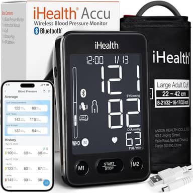 iHealth Accu Blood Pressure Monitor – 4.5" Large LCD(Black), Clinically Accurate, Irregular Heartbeat Alert, Body & Cuff Detection, Bluetooth Sync, Large 8.6"–17" Cuff – Easy for Seniors & Adults