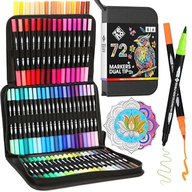 ZENO 72 Dual Tip Markers Set-B with Case – No-Bleed Art Markers for Adults – Fine & Brush Tips - Watercolor Pens for Artists, Journaling, and Creative Projects