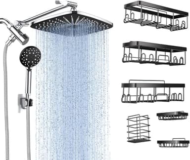 Veken Wide Rain Shower Head with 6 Modes Handheld Water Spray+Veken Stainless Steel Shower Caddy 6-Pack