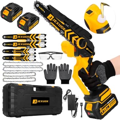 JEXUGK Brushless Mini Chainsaw, 8" & 6" Hand Held Cordless Chain Saw with 2 x 4.0Ah Battery, Portable Small Electric saw Cordless with 4 Chain Guide, Mini Motosierra for Tree Pruning Wood Cutting