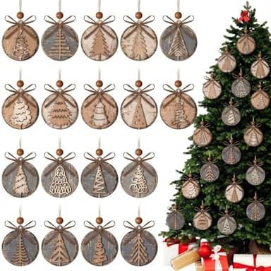 Yookeer 18 Pcs Rustic Christmas Tree Ornaments Xmas Grays and Browns Stained Vintage Winter Country Christmas Holiday Tree Ornaments Farmhouse Wood Hanging Decor for Home Winter Handcrafted Party