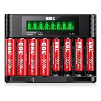 EBL Rechargeable Batteries with Charger, 1.5V Lithium Batteries AA 3000mWh 4 Pack & AAA Lithium Battery 1200mWh 4 Pack with 1.5V & 1.2V Universal AA AAA Battery Charger
