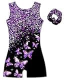 Vogseek 5-6 Years Girls Gymnastics Leotards with Hair Scrunchie Sparkle Dance Unitards Purple Butterfly's Glitter Active Biketards with Shorts for Kid Cute Tumbling Dance Outfit, Black