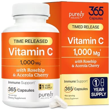 Purely Holistic Vitamin C 1000mg, 365 Capsules, 12 Month Supply, 2 Stage Timed Release with Ascorbic Acid, Rosehip & Acerola Cherry Bioflavonoid, Immune System Support, Vegan