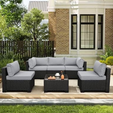 Rattaner Patio Sectional 6 Pieces All-Weather Wicker Patio Furniture Set Outdoor Sectional with Glass Patio Table Non-Slip Cushions and Waterproof Covers, Light Grey