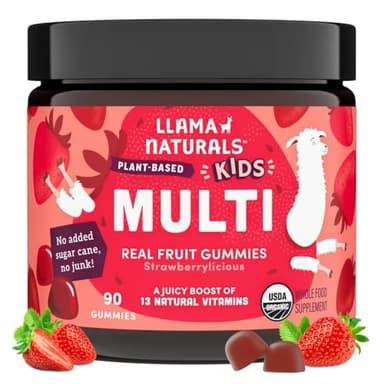 Llama Naturals Kids Multivitamin Gummies | Real Fruit, No Added Sugar Cane | Organic Vegan Toddler Whole Food Vitamins | Vitamin D, C & Beta Carotene Gummy Supplement | Strawberry 90 Ct (1-2 Months)