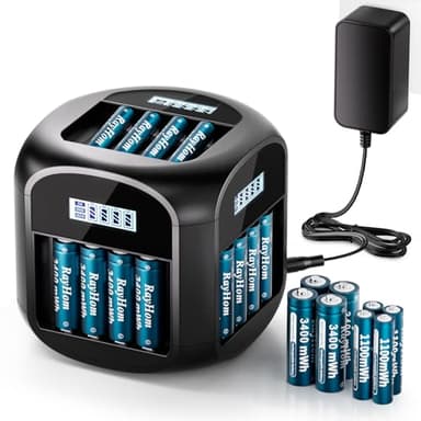 Rechargeable 12 AA and 8 AAA Lithium Batteries with Charger, 1.5 V Double A Triple A High-Capacity Rechargeable Batteries, 20 Slot Li-ion Battery Charger with 36W Power Adapter