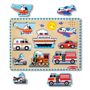 Melissa & Doug Vehicles Sound Puzzle - Wooden Peg Puzzle With Light-Activated Sound Effects (8 pcs) Puzzles for Toddlers, Wooden Puzzles For Kids Ages 2+