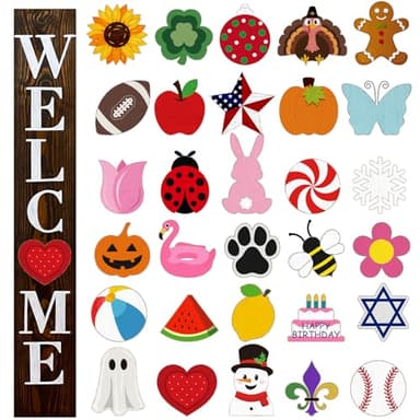 Yalikop Interchangeable Welcome Sign for Front Porch 47 x 7.9 Inch Wooden Porch Sign with 30 Interchangeable Designed Patterns for Home Farmhouse Halloween Christmas Thanksgiving Decor (Wood Color)