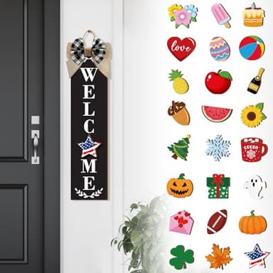 Sintuff Holiday Interchangeable Welcome Sign for Front Door Wood Porch Sign with 24 Pcs Seasonal Icons Home Farmhouse Holiday Welcome Outdoor Festival Seasonal Decoration(Black,Common)