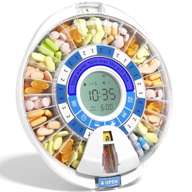 Betife 2nd Gen Automatic Pill Dispenser for Elderly with Alarm – 28 Slots, Key Locked, Alarm & Light Reminder, Mix-Proof, XL Display, 6 Dosage Rings,Easy Setup for Daily Medication