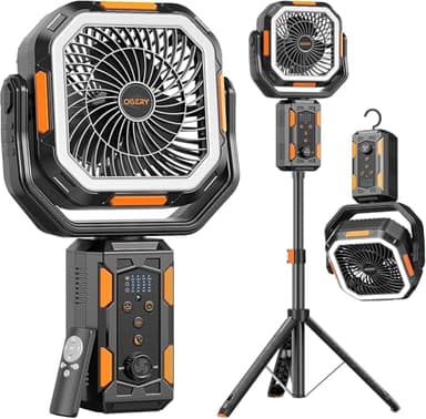 OGERY Camping Fan, Portable Fan with Adjustable Height Stand, 20000mAh Rechargeable Battery Powered Fan with Remote, LED Light, Auto Oscillation, Fast Charging, Floor or Desk Fan for Tent, RV, Travel