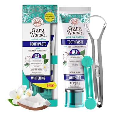 GuruNanda Hydroxyapatite Toothpaste for Whitening with Neem & Xylitol, SLS & Fluoride Free Formula with Tongue Scraper & Squeezer - Freshens Breath, Fights Plaque - Natural CocoMint Jasmine, 4.2oz