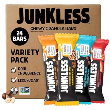 JUNKLESS Classic Chewy Granola Bars - Bulk Variety Pack, Gluten-Free, Non-GMO, Lower Sugar, Healthy Snacks for Kids & Adults, 4 Boxes (24 Bars)