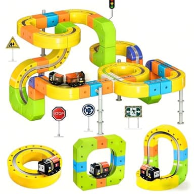 Upgrade Magnetic Train Set for Kids with 2 Rechargeable Trains, 105PCS Gravity-Defying Race Track, Safer Magnetic STEM Building Toy with Vertical Climb & Upside-Down Tracks for Boys Girls Ages 3-12
