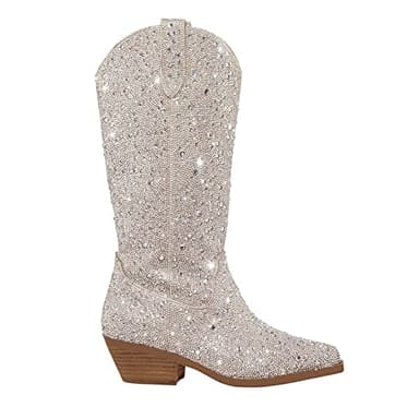 Atuelang Women's Rhinestone Cowboy Boots Sparkly Knee-high Pointed Toe Chunky Heel Mid Calf Pull On Booties Silver 9