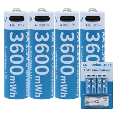 Tosiicop AA Rechargeable Lithium Batteries - 4 Pack USB-C Rechargable Li-Ion Battery 1.5V 3600mWh with 4 in 1 USB to Type-C Charger Fast Charging Cable High Output (AA 3600mWh Battery)