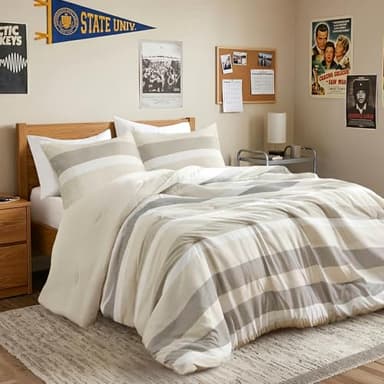 Regency Heights King Size Comforter Set Neutral - 3 Pieces Modern Beige Striped Quilt Bedding for Dorm All Season Soft Lightweight Reversible Bed Set with Comforter & Shams