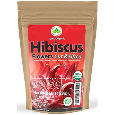 Hibiscus Tea 1LB (16Oz) 100% CERTIFIED Organic Hibiscus Flowers Herbal Tea (CUT&SIFTED), Caffeine Free Tea (200+ cups) 1 lb. Bulk Resealable BPA-Free Bag