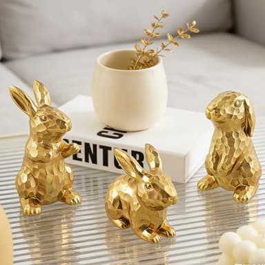 Exasinine Gold Bunny Decor Rabbit Figurines Set of 3, Resin Easter Bunny Decor, Rabbit Figurine for Spring Tabletop Decor, Shelf Mantel Home Office, Easter Decorations