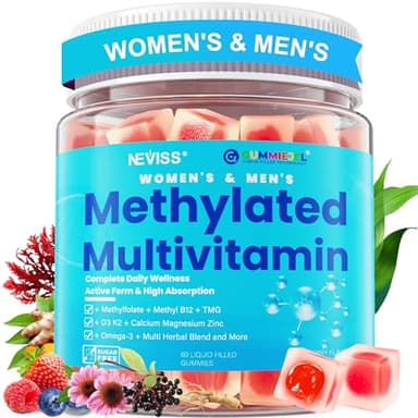 Methylated Multivitamin for Women & Men Gummies w/ Omega-3, Calcium, D3 K2, Methylfolate & B12, TMG, Daily Vitamin A, C, E, B Complex, Magnesium, CoQ10, Probiotic for Overall Health- Vegan, Sugar Free