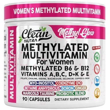 Methylated Multivitamin for Women Vitamins B6 Methyl B12 A B C D K E Folate Choline Omega 3 Thiamine Riboflavin Iron Iodine Magnesium Zinc Selenium Copper Calcium 90 Capsules by Clean Nutra