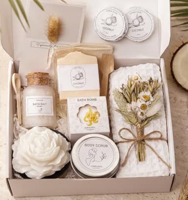 Coralogo Coconut Spa Gifts for Women - 12pc Self-care Spa Gift Basket with Bath Salt, Greeting Card - Thinking of You Basket for Her Birthday, Christmas, Mother's Day, Valentine's Day