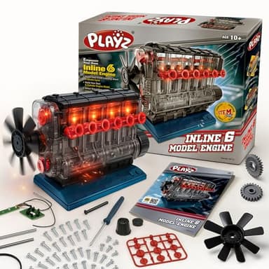 Playz Inline 6 Engine Model Kit - Build Your Own STEM Inline 6 Small Engine that Runs Kit for Adults & Kids Age 10-12+, Visible Inline 6 Mini Engine Kit that Works for Adult w/ 230 STEM Parts
