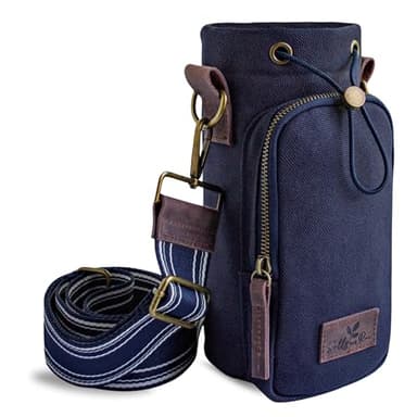 Solly and Rue Water Bottle Holder with Strap & Pocket – Crossbody Navy Water Bottle Carrier - Genuine Leather & Durable Cotton Canvas – Fits 16 to 32 oz Bottles – Ideal For Travel & Outdoor Use