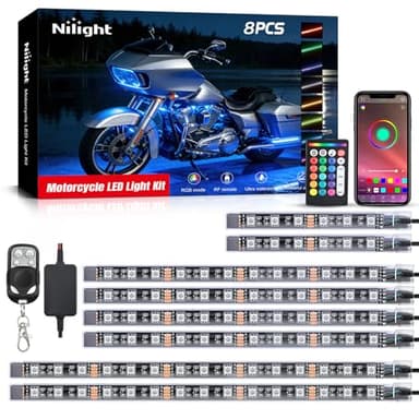Nilight 8PCS Motorcycle RGB Led Light Kit Waterproof Multi Color Atmosphere Neon Accent APP and Remote Control Underbody Strips for Harley Davidson Honda Kawasaki Suzuki