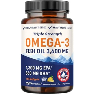 Triple Strength Omega 3 Fish Oil 3600 mg | EPA & DHA | Over 2100mg Omega-3 Fatty Acids | 1300mg EPA + 860mg DHA | Best Essential Fatty Acids | Premium Wild Caught & Burpless Fish Oil | 120 Ct