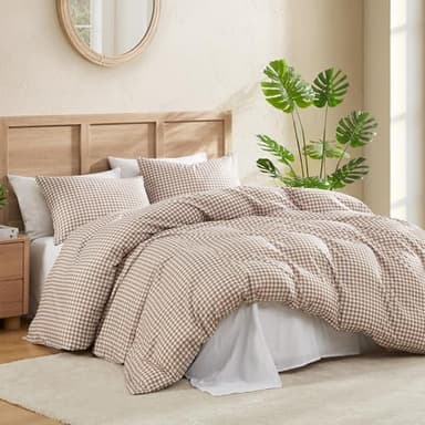 Andency Gingham Duvet Cover Queen Size, Tan Brown Checkered Plaid Bedding Set, 3 Pieces Soft Prewashed Polyester Comforter Cover with Zipper Closure & Corner Ties
