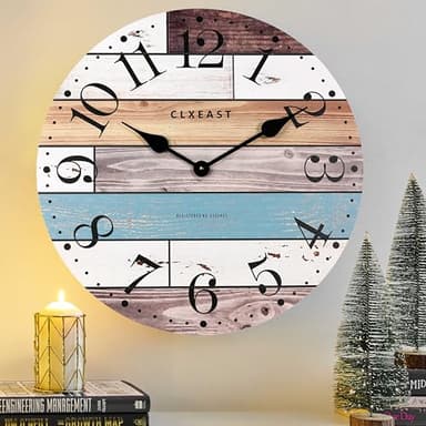 CLXEAST 24 Inch Multicolor Woodgrain Shiplap Wall Clocks for Living Room Decor, Large Farmhouse Wall Clock,Coastal Beach Nautical Style,Spring Decor