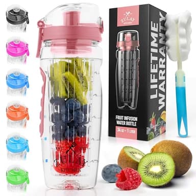Zulay Kitchen 34 oz Large, Leakproof Fruit Infuser Water Bottle with Anti-Slip Grip - Men and Women's Ideal Fitness Gift Or For Gym, Camping, and Travel - Cotton Candy Pink