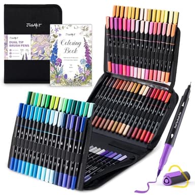 JusArt Markers for Adult Coloring Books No Bleeding, 100 Colors Coloring Markers with Dual Tips, Fine & Brush Pens with Ergonomic Triangle Grip & 33% More Ink, Water-Based Art Drawing Set for Adults