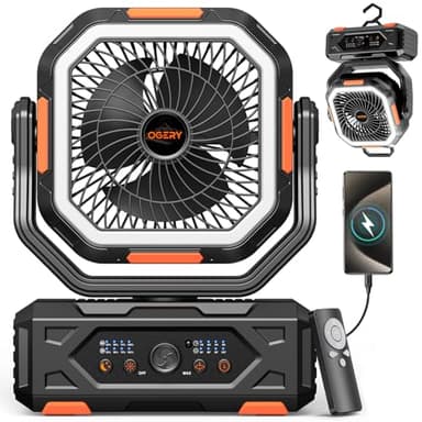 OGERY Portable Fan Rechargeable, 30000mAh Camping Fan for Tent, RV & Outdoor with Up to 322H Runtime, Battery Powered Fan with Remote, LED Lantern, Stepless Speed, Auto Oscillation, Camping Gear