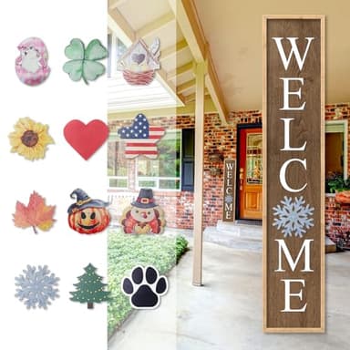 Aurapeak Interchangeable Welcome Sign for Front Porch Door, Outdoor Leaner Home Wooden Frame With 12 Pcs Replaceable Icons Outside Standing Seasonal Welcome Holiday Decorations (45"X9" Wood)