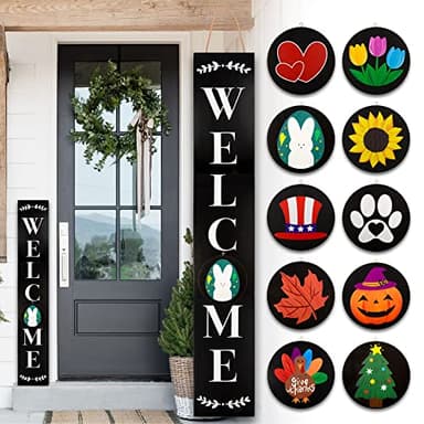 Monjita Welcome Sign for Front Porch Standing, Interchangeable Wooden Sign with 5 Designed Double-Sided Icons for Front Door, All Seasonal Farmhouse Rustic Modern Porch Decor for Fall Harvest