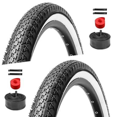 2 Pack 26 inch Bike Tires - 26x2.125 Beach Cruiser Bicycle Tires for Folding Replacement Bike with 26 inch Schrader Valve Bike Tubes, 4 Tire Levers, White