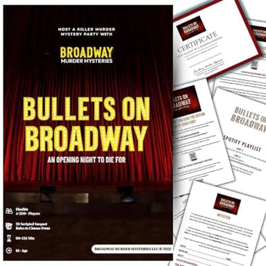 Bullets on Broadway Murder Mystery Game | Flexible 4-20+ Players | Easy to Host Broadway-Themed Party Game Kit | Updated 2025