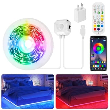Taormey Motion Activated LED Strip Under Bed Lights, 9.8Ft RGB LED Strip Lights with Motion Sensor, Remote, App Control, Music Sync Motion Sensor LED Light Strip USB Powered for Bedroom Cabinet TV PC