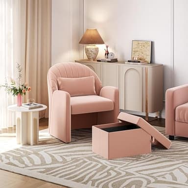 Yaheetech Small Barrel Accent Chair with Footrest, Velvet Modern Comfy Cute Elegant Reading Chairs with Lumbar Pillow Storage Box for Living Room Bedroom, Pink
